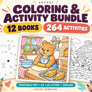 子供向けアクティビティブックセット：印刷可能な書籍12冊、アクティビティ264種類、点つなぎ、塗り絵、迷路、A4サイズおよびUSレターサイズのPDFファイル