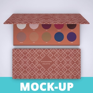 May include: An open eyeshadow palette with a terracotta-colored geometric design on the lid and base. The palette contains eight circular eyeshadow pans in various shades, including white, pink, and blue. The text "EYESHADOW PALETTE" is visible on the lid and base. The word "MOCK-UP" is at the bottom.