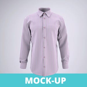 Peut inclure: Une chemise à manches longues à rayures verticales blanches et violet clair. La chemise a un col classique et des poignets boutonnés. Le texte "MOCK-UP" est affiché dans un rectangle bleu en bas de l'image.