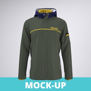 Könnte beinhalten: Olivgrüne Kapuzenjacke mit marineblauer und gelber Kapuze. Die Jacke hat einen gelben Streifen über der Brust und das Wort "ENDEAVOUR". Auf der Unterseite der Jacke steht der Text "MOCK-UP".