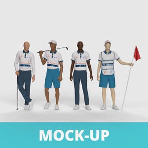 May include: Four mannequins in golf outfits. They wear white and blue polo shirts, blue shorts or trousers, and white shoes. One holds a golf club, another a flag, and a third wears a vest with "BRANDON" on it. The word "MOCK-UP" is at the bottom of the image.