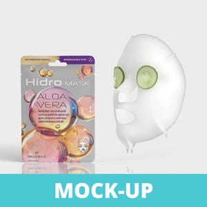 May include: A face mask with cucumber slices over the eyes and a package of Hidro Mask Aloe Vera. The package has text that reads "New Improved Formula" and "Biodegradable Mask". The package also has the text "Hidro Mask Aloe Vera".