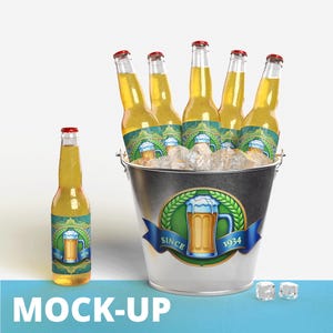 May include: A metal bucket filled with ice and five beer bottles. Each bottle has a red cap and a green and blue label. One bottle stands alone. The bucket has a beer mug emblem and the text "SINCE 1934".