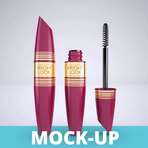 Może przedstawiać: Makieta zestawu tuszu do rzęs w kolorze magenta ze złotymi detalami. Tubki mają napis "Mascara Bright Look Enhance Volume". Szczoteczka jest czarna z magentowym uchwytem. Na dole widnieje napis "MOCK-UP".
