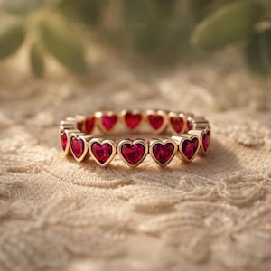 Heart Ruby Eternity Band, Red Ruby Ring, Gold Heart Wedding Band, Romantic Jewelry