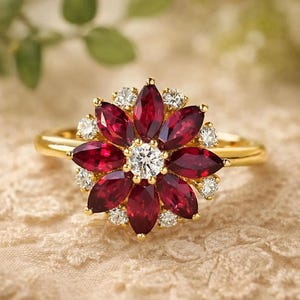 Handmade Ruby Lotus Flower Ring: Sterling Silver Floral Engagement Ring