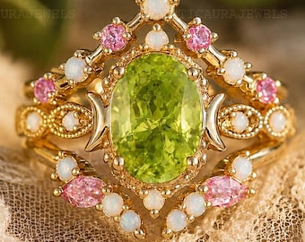 Oval Peridot Engagement Ring Set Pink Sapphire & Opal Halo Ring Vintage Gold Bridal Ring Set Unique Handmade Wedding Ring Anniversary Gift
