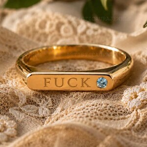 Funny Engraved Gold Signet Ring, Aquamarine Accent Ring, Sarcastic Statement Band, Profanity Jewelry Gift, Swear Word Ring, Adult Humor Gift
