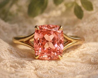 Anillo Padparadscha con forma de cojín, anillo de zafiro rosa, anillo de oro con cuerpo dividido, anillo de zafiro único