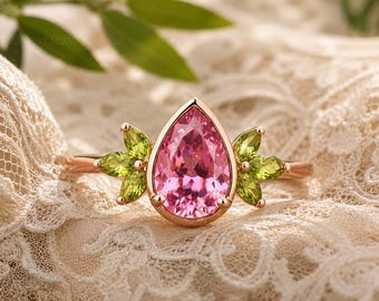 Pear Cut Pink Sapphire Ring 14K Rose Gold Marquise Peridot Cluster Ring Engagement Ring Promise Wedding Ring Bridal Jewelry Anniversary Gift