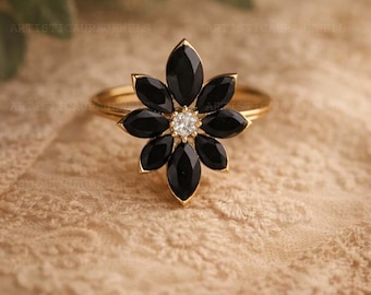 Floral Marquise Cut Onyx & Moissanite Ring, Dainty Engagement Ring, Flower Band, Gift For Her, Proposal Ring, Anniversary Jewelry
