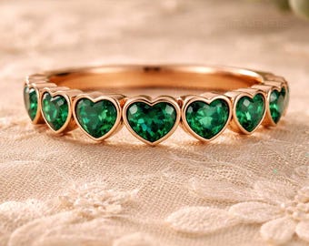 Heart Emerald Half Eternity Ring, Stackable Engagement Ring, Proposal Ring, Dainty Emerald Anniversary Ring, May Birthstone gift for wedding