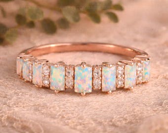 Baguette Opal Wedding Band, CZ Diamond Ring, Rose Gold Opal Ring, Vintage Style Band, Stacking Ring, Anniversary Gift, Minimalist Jewelry
