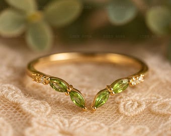 Green Peridot Wedding Band,Marquise Peridot Open Gap Engagement Band,14K Rose Gold Matching Bridal Anniversary Ring Enhancer for Her