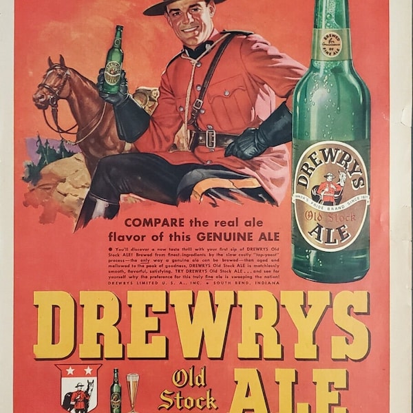 1948 Vintage Drewrys Old Stock Ale Print Ad Man Cave Poster Ephemera Wall Art Advertisement