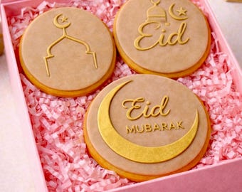 Eid Mubarak Luxury Sugar Cookies | Gold Stamped Biscuits, Taupe Fondant (Gift Box)