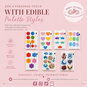 Peut inclure: Sept feuilles rectangulaires de palettes de peinture comestibles, chacune accompagnée d'un petit pinceau. Les motifs incluent des cercles colorés, des cœurs, des couronnes, des œufs décorés, des fleurs, des créatures marines et des icônes détaillées.