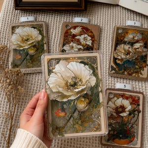 Könnte beinhalten: Eine Sammlung von fünf dekorativen Karten mit floralen Kunstwerken. Die Karten zeigen detaillierte Illustrationen von weißen und farbigen Blumen vor verzierten Hintergründen. Jede Karte hat ein einzigartiges Design mit einer transparenten Kunststoffhülle.