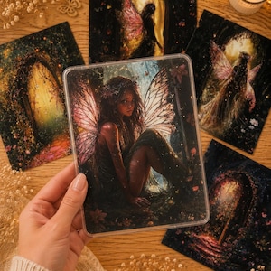 Könnte beinhalten: Eine Sammlung von Fantasy-Kunstdrucken mit Feen und mystischen Szenen. Das zentrale Bild zeigt eine Fee mit großen, detaillierten Flügeln. Die Drucke haben eine weiche, ätherische Farbpalette mit rosa, grünen und goldenen Akzenten.