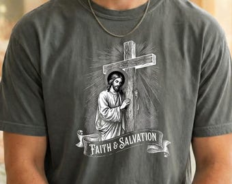 Camiseta gráfica vintage con escena de la crucifixión de Jesús, camiseta cristiana retro de semitono, colores cómodos