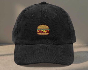 Embroidered Hamburger Corduroy Hat, Cheeseburger Dad Cap, Fast Food Apparel, Foodie Streetwear Accessory