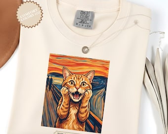 Camiseta de parodia de El Grito, camiseta divertida con estampado de gato atigrado naranja, regalo original para amantes del arte.
