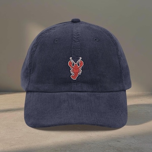 Gorro de pana con bordado de langosta, gorra náutica costera, regalo para vacaciones en la playa, estilo preppy. Navy Blue