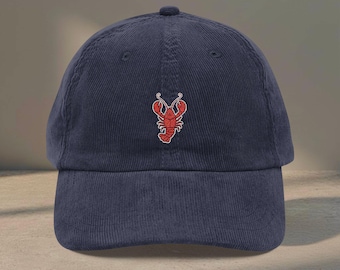 Embroidered Lobster Corduroy Hat, Coastal Nautical Cap, Beach Vacation Gift, Preppy Style