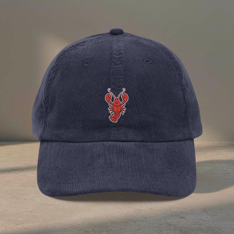 Gorro de pana con bordado de langosta, gorra náutica costera, regalo para vacaciones en la playa, estilo preppy. Navy Blue