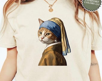 Camiseta con pendiente de perla y gato, regalo divertido de historia del arte para mamás de gatos, camiseta vintage estilo academia.