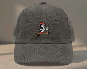 Embroidered Woodpecker Vintage Corduroy Hat | Cottagecore Nature Inspired Cap | Unstructured 6-Panel Bird Lover Gift