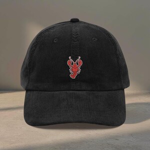 Gorro de pana con bordado de langosta, gorra náutica costera, regalo para vacaciones en la playa, estilo preppy. Black