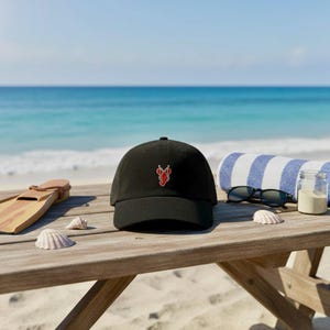 Puede incluir: Gorra de b&eacute;isbol negra con un bordado de langosta roja en la parte delantera. La gorra est&aacute; sobre una mesa de picnic de madera, con una escena de playa al fondo. Otros elementos en la mesa incluyen gafas de sol, una toalla a rayas y conchas marinas.