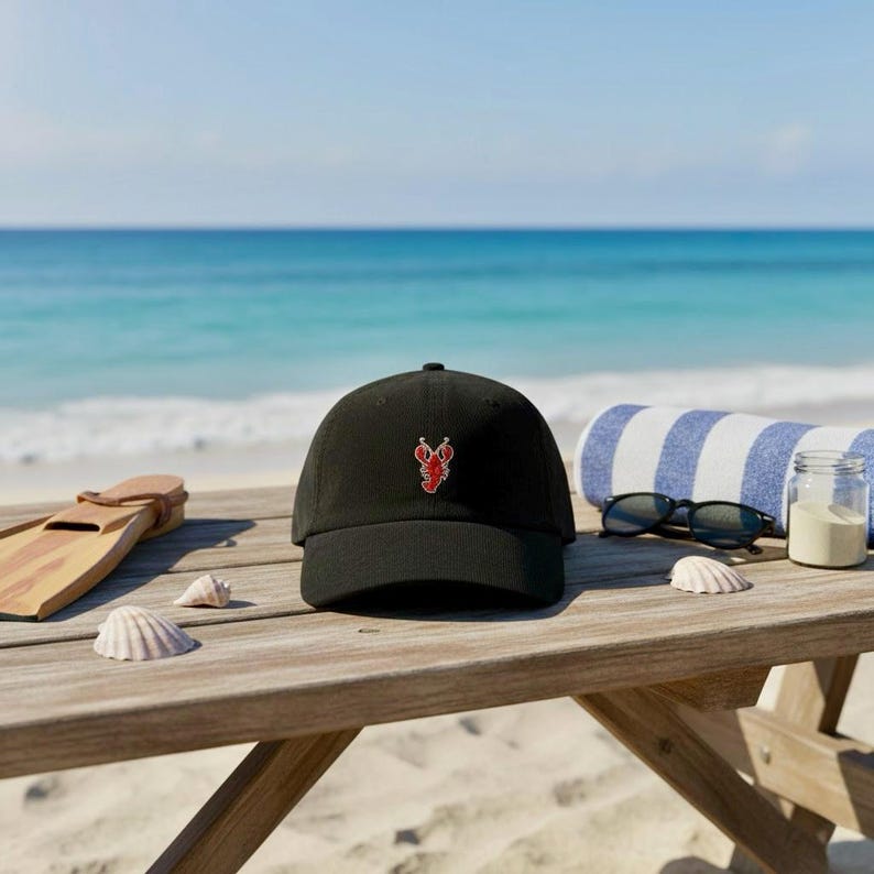 Puede incluir: Gorra de b&eacute;isbol negra con un bordado de langosta roja en la parte delantera. La gorra est&aacute; sobre una mesa de picnic de madera, con una escena de playa al fondo. Otros elementos en la mesa incluyen gafas de sol, una toalla a rayas y conchas marinas.