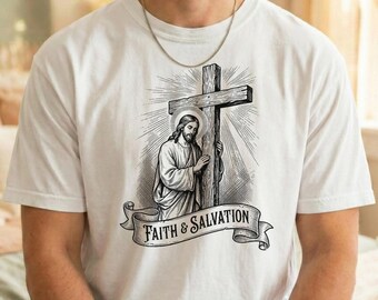 Camiseta gráfica vintage con escena de la crucifixión de Jesús, camiseta cristiana retro de semitono, colores cómodos