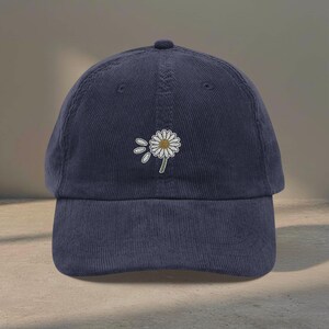 Vintage Embroidered Daisy Corduroy Hat, Cottagecore Floral Baseball Cap, 90s Retro Navy Blue
