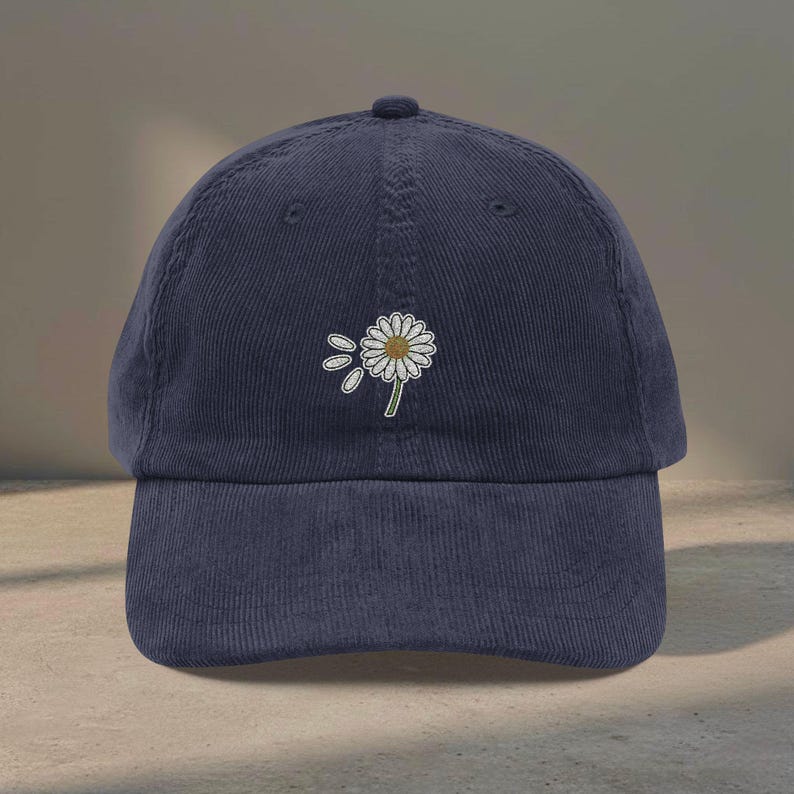 Vintage Embroidered Daisy Corduroy Hat, Cottagecore Floral Baseball Cap, 90s Retro Navy Blue