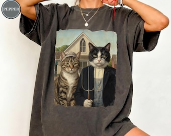 Camiseta Comfort Colors con parodia artística de gato divertido, estilo vintage, con estampado de pintura al óleo, regalo para ella.