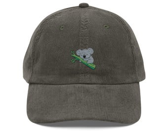 Embroidered Koala Corduroy Hat, Funny Animal Baseball Cap,Gift for Girl, Nature Lover Cap