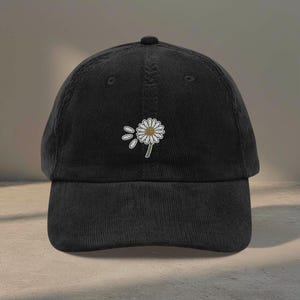 Vintage Embroidered Daisy Corduroy Hat, Cottagecore Floral Baseball Cap, 90s Retro Black