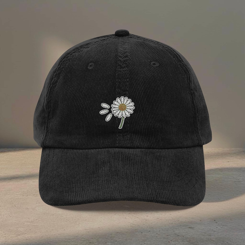 Vintage Embroidered Daisy Corduroy Hat, Cottagecore Floral Baseball Cap, 90s Retro Black