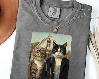 Camiseta divertida con parodia del gato gótico americano, regalo vintage para amantes del arte, estilo cottagecore.
