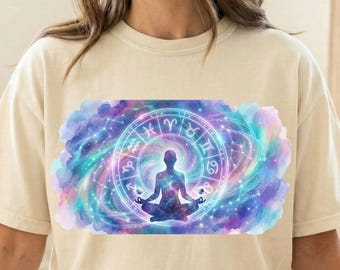 Camiseta de astrología celestial, camiseta bohemia del zodiaco, regalo espiritual para ella, top de meditación con acuarela