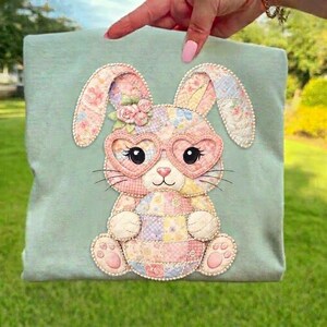 Patchwork Bunny With Easter Egg PNG, Trendy Easter PNG, Floral Retro Easter Png, Cottage Core Gingham Patchwork PNG, Easter Spring Patchwork