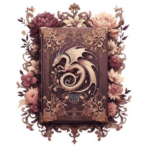 May include: A decorative book cover with a dragon illustration, surrounded by floral elements. The book is dark purple with gold accents and the text "Romantasy Reader Club". The dragon is white with outstretched wings.