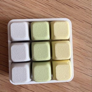 Op de afbeelding: Een witte plastic tray bevat negen vierkante, pastelkleurige items. De vierkanten zijn gerangschikt in een 3x3 raster. De kleuren zijn wit, lichtgroen en geel. De items hebben een textuur.