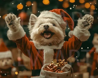 Op de afbeelding: Een vrolijke witte hond gekleed in een kerstmanoutfit, compleet met een rode hoed en jas met witte rand, heft zijn poten in de lucht. De hond houdt een tas vol cadeaus vast. Feestelijk vakantiethema.
