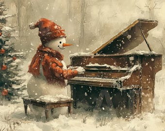 Puede incluir: Pintura a la acuarela de un muñeco de nieve tocando un piano marrón en una escena invernal nevada. El muñeco de nieve lleva un gorro y una bufanda rojos. Un árbol de Navidad con adornos está a la izquierda.