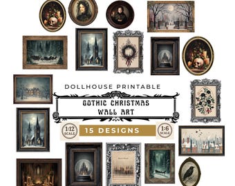 May include: A collection of 15 Gothic Christmas wall art designs for dollhouses. The art includes portraits, landscapes, and snow globes, all in ornate frames. The text reads "Gothic Christmas Wall Art" and "15 Designs".