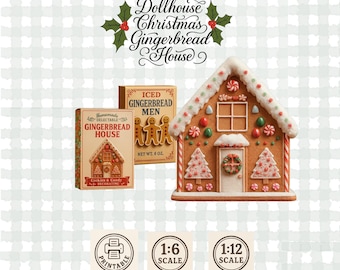 May include: A decorated gingerbread house with white icing, candy, and two small Christmas trees. Two boxes of gingerbread house and gingerbread men are also shown. The text reads "Dollhouse Christmas Gingerbread House".